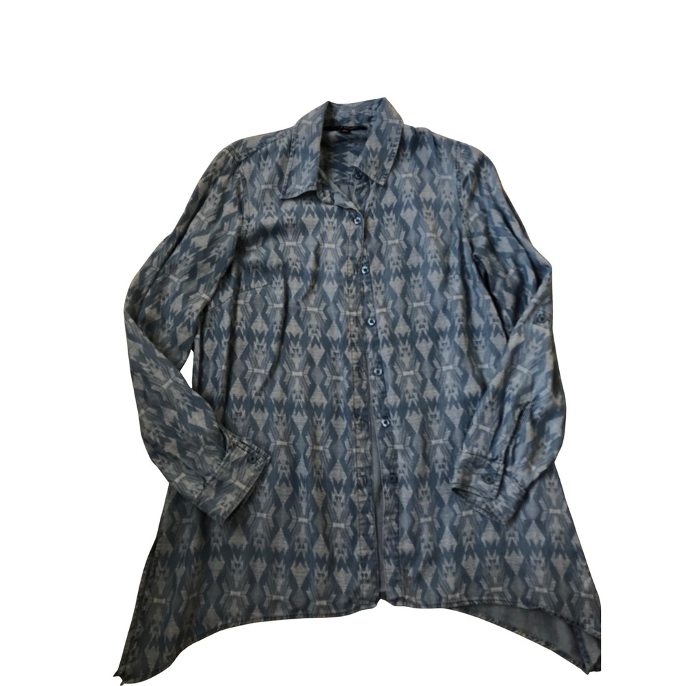 Zac & Rachel Blue Ikat Tribal Tunic Top Sharkbite Hem Lyocell Womens Small